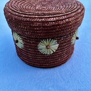 Lidded Artisan Woven Basket Round with Floral Design